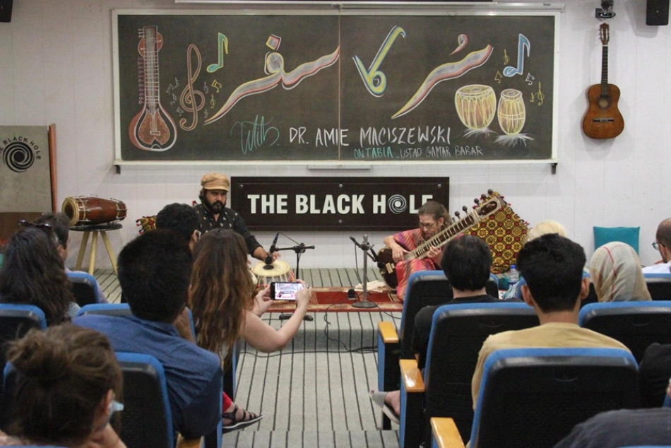 Amie and Qamar Babar (tabla) performing at the Black Hole, Islamabad, June 2024