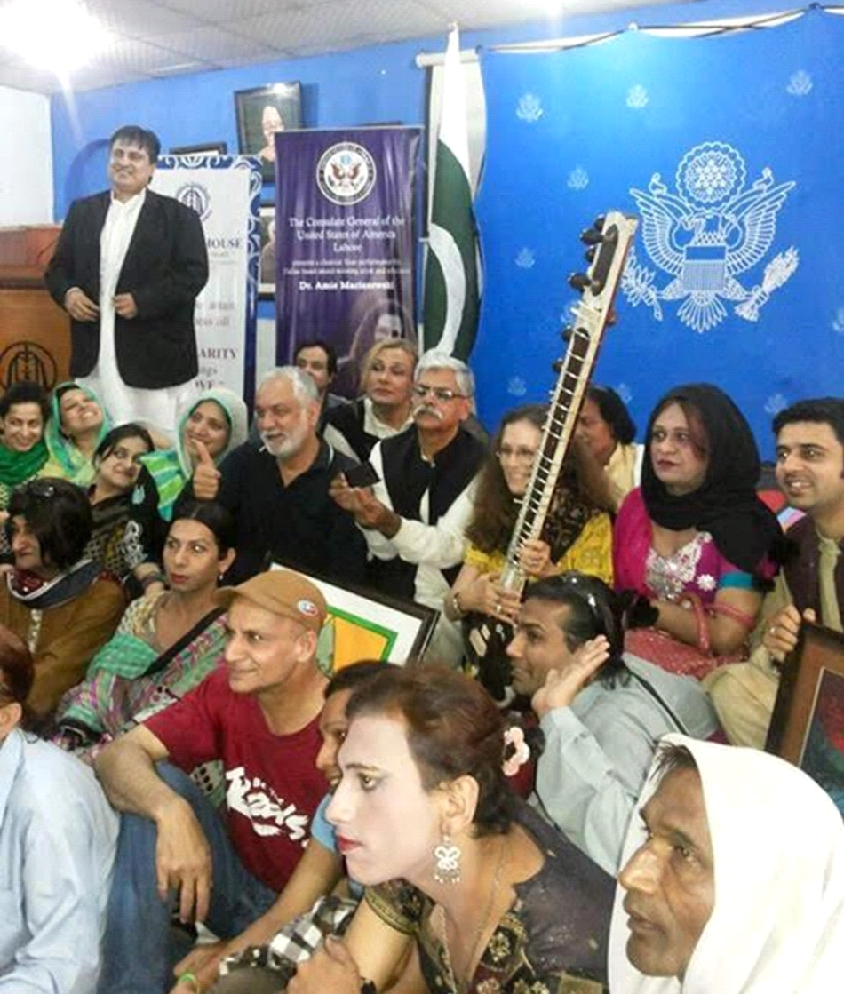Group photo of Administrators, staff, advocates, and participating members of the Khwaja Sira (transgender) community at Fountain House Lahore, a progressive mental health institution, following Amie’s performance at their music therapy session. (Amie is seen holding her sitar.) Visit sponsored by the U.S. Consulate/Lahore Office of Public Affairs. March 2016