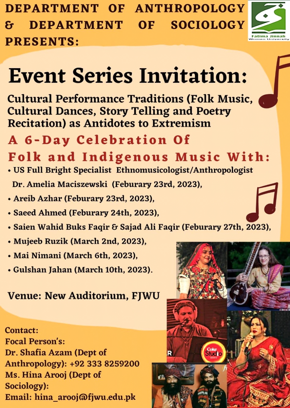 Poster for Folk and Indigenous Performance Traditions Series curated by Amie as part of her Fulbright Senior Specialist residency at Fatima Jinnah Women’s University, Rawalpindi, Feb.-March 2023