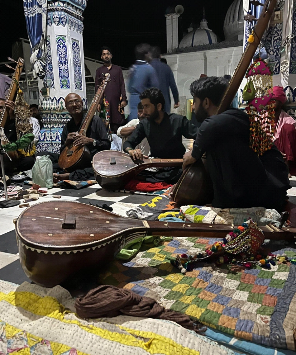 Shah Jo Raagis (devotional singers) at Bhit-Shah, shrine of Sindhi Sufi poet-saint Shah Abdul Latif Bhittai, May 2024